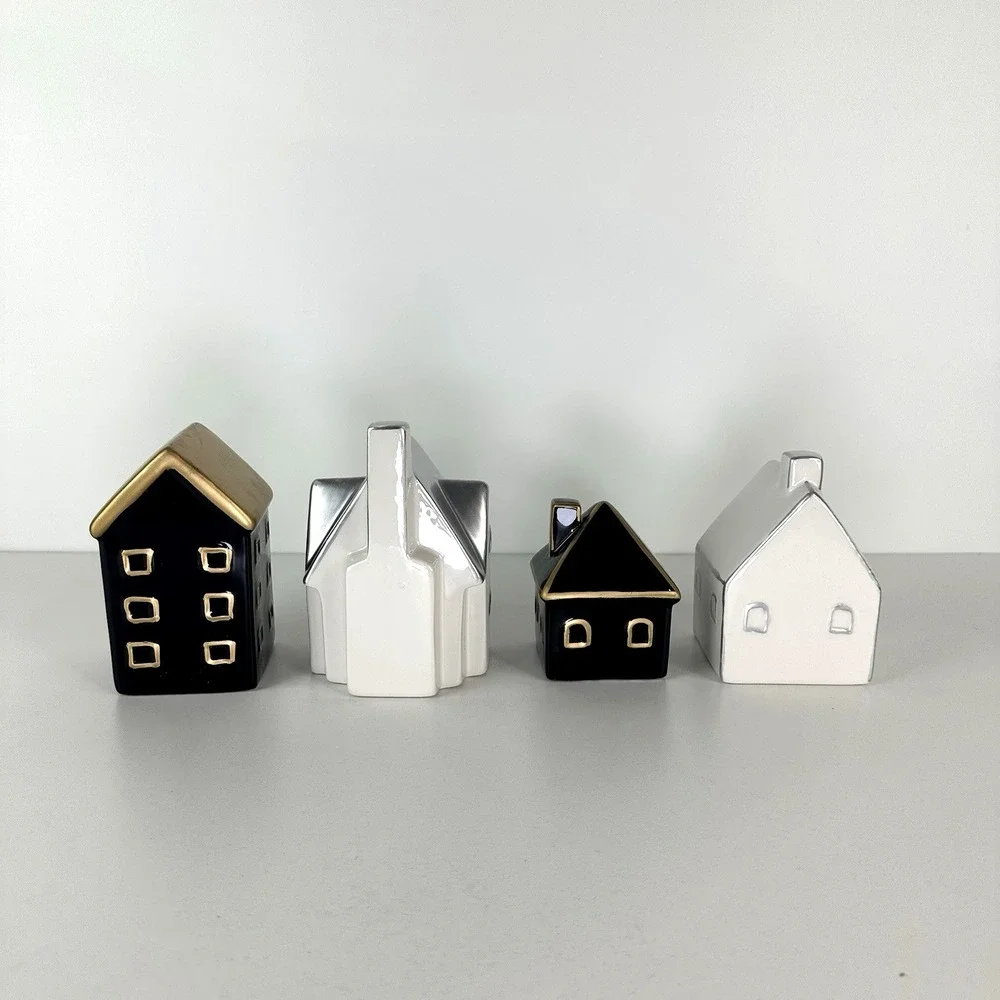 Becki Owens Ceramic Christmas Village Houses Decor Set Of‎ 4  Black White Gold